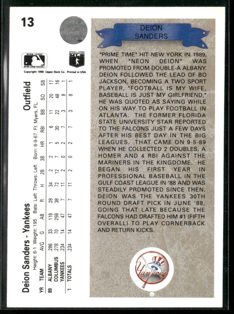 Deion Sanders 1990 Upper Deck RC #13 New York Yankees