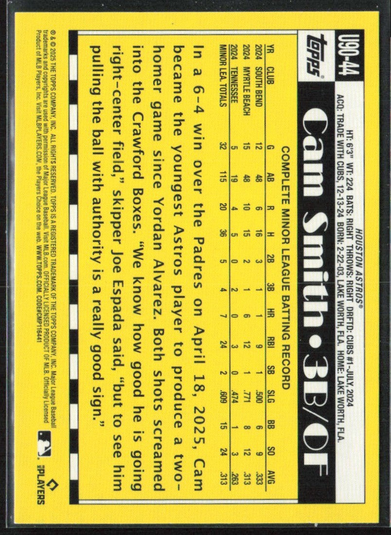 Cam Smith 2025 Topps Update 1990 Design RC #U90-44 Houston Astros