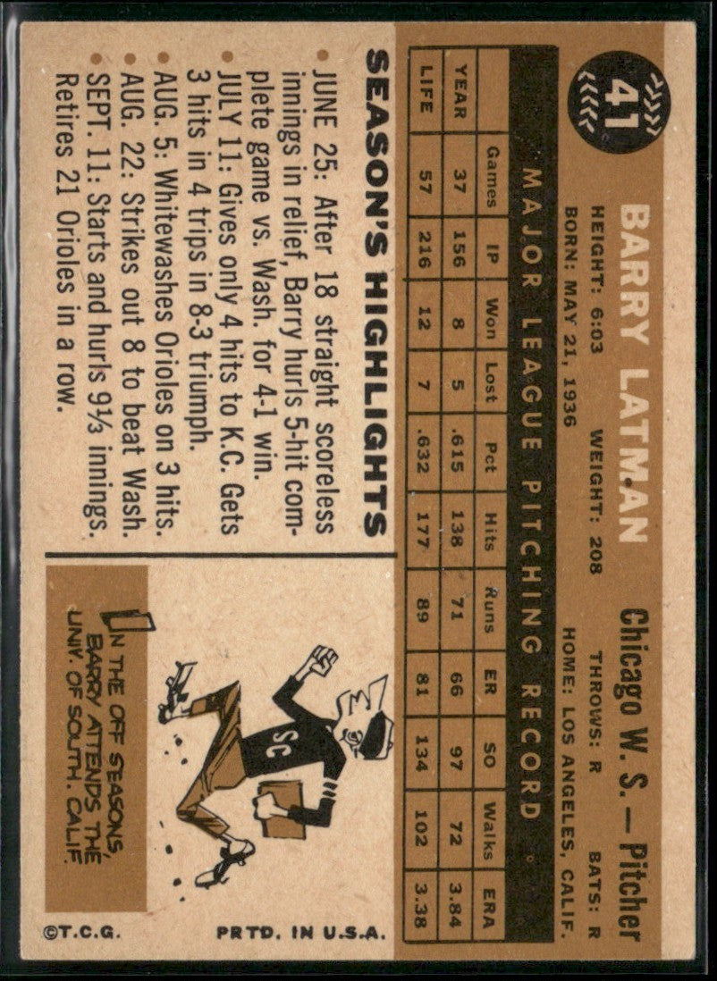 Barry Latman 1960 Topps #41 Chicago White Sox