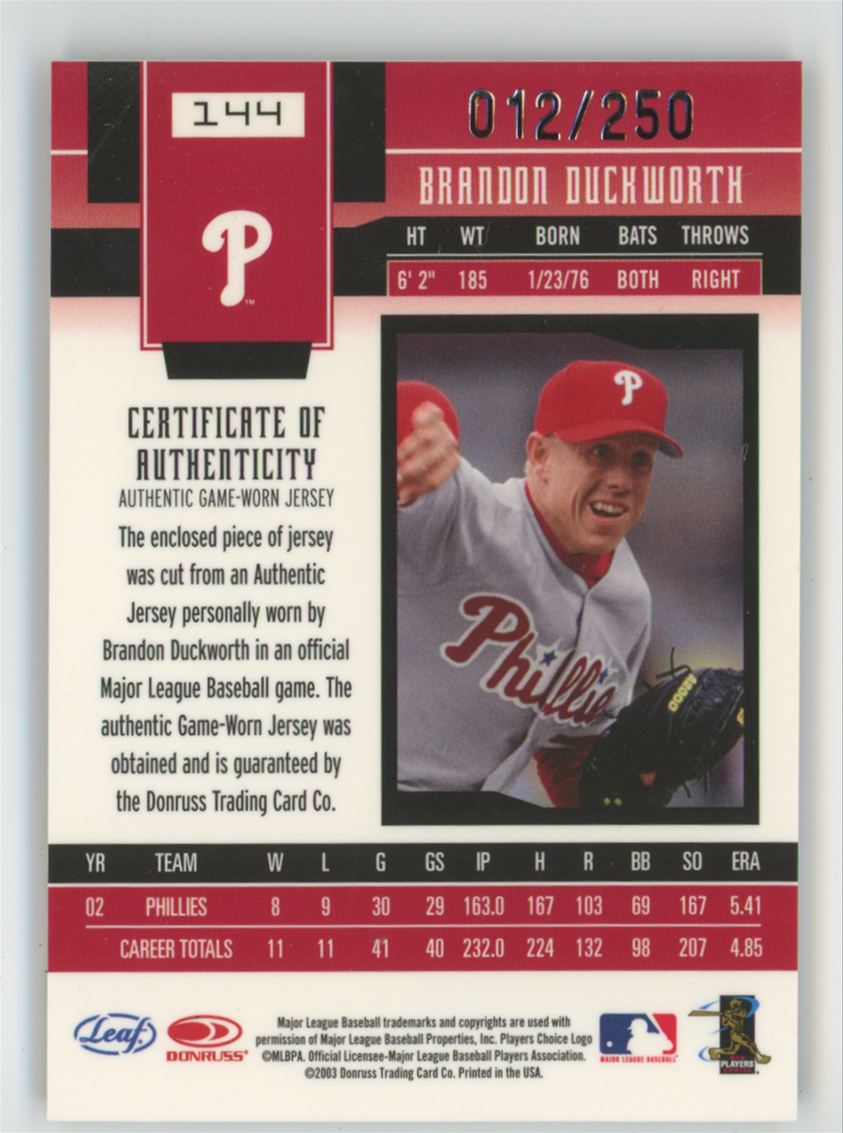 Brandon Duckworth 2003 Leaf Certified Materials Mirror Red /250 Jersey #144
