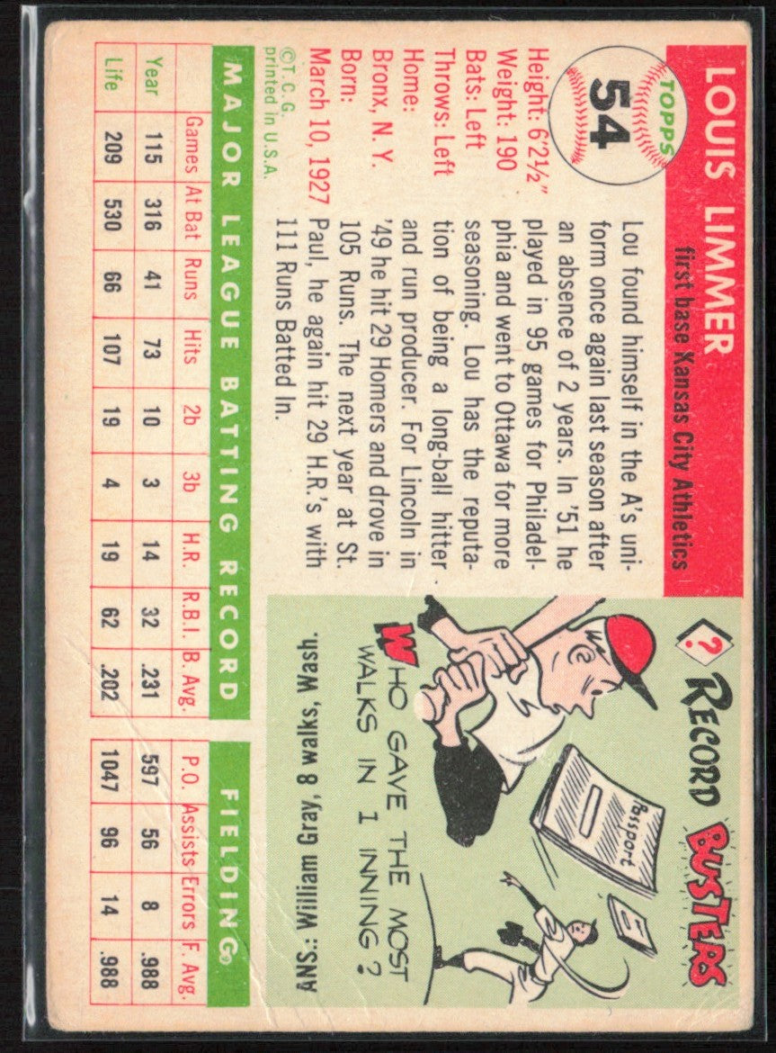 Lou Limmer 1955 Topps #54 Kansas City Athletics