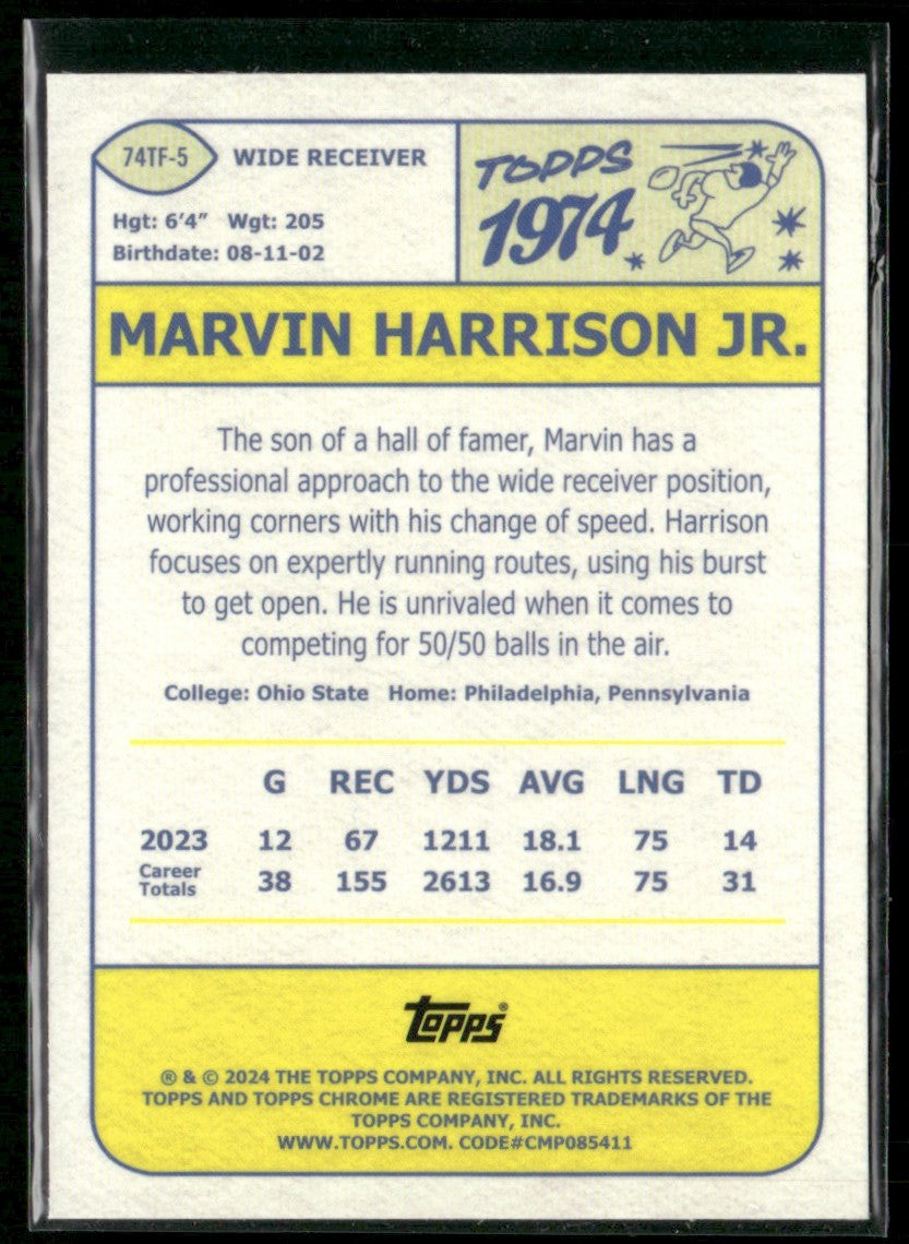 Marvin Harrison Jr. 2024 Topps Chrome 1974 Football #74TF-5 Arizona Cardinals