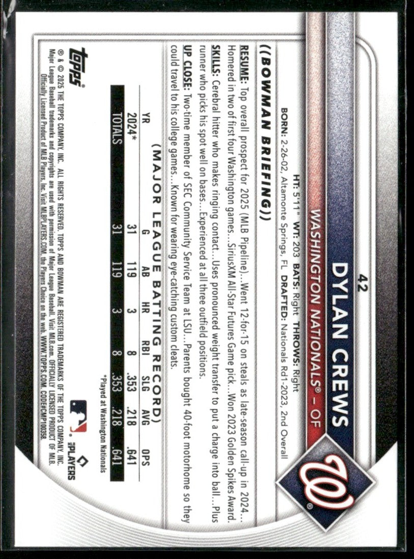 Dylan Crews 2025 Bowman RC #42 Washington Nationals