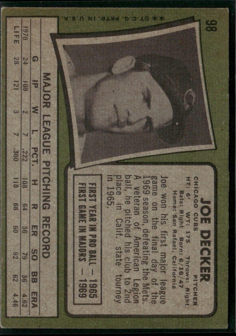 Joe Decker 1971 Topps RC #98 Chicago Cubs