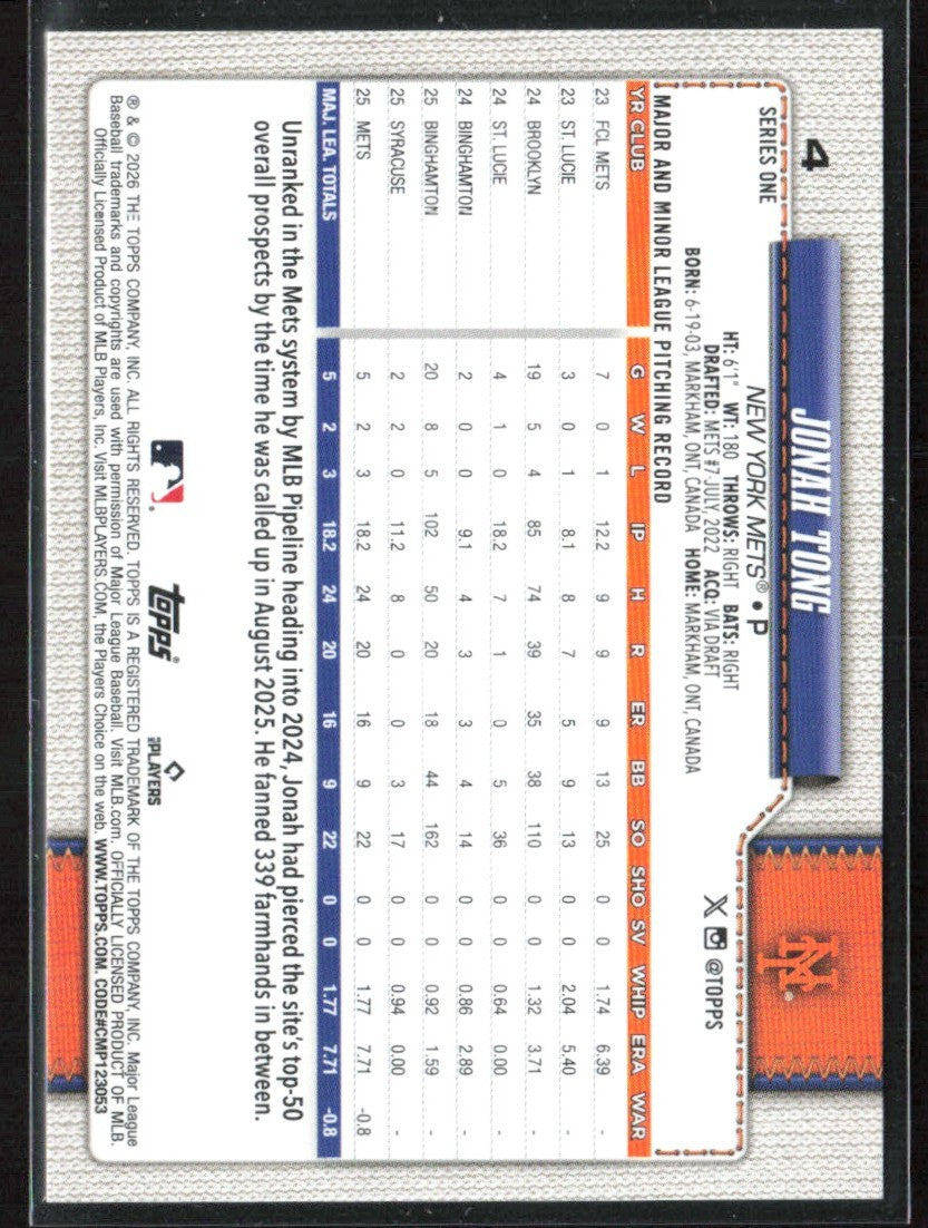 Jonah Tong 2026 Topps RC #4 New York Mets