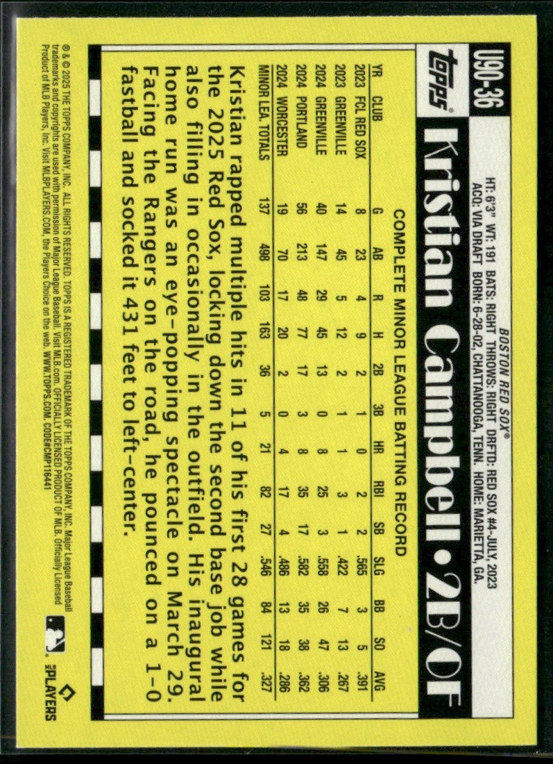 Kristian Campbell 2025 Topps Update 1990 RC #U90-36 Boston Red Sox