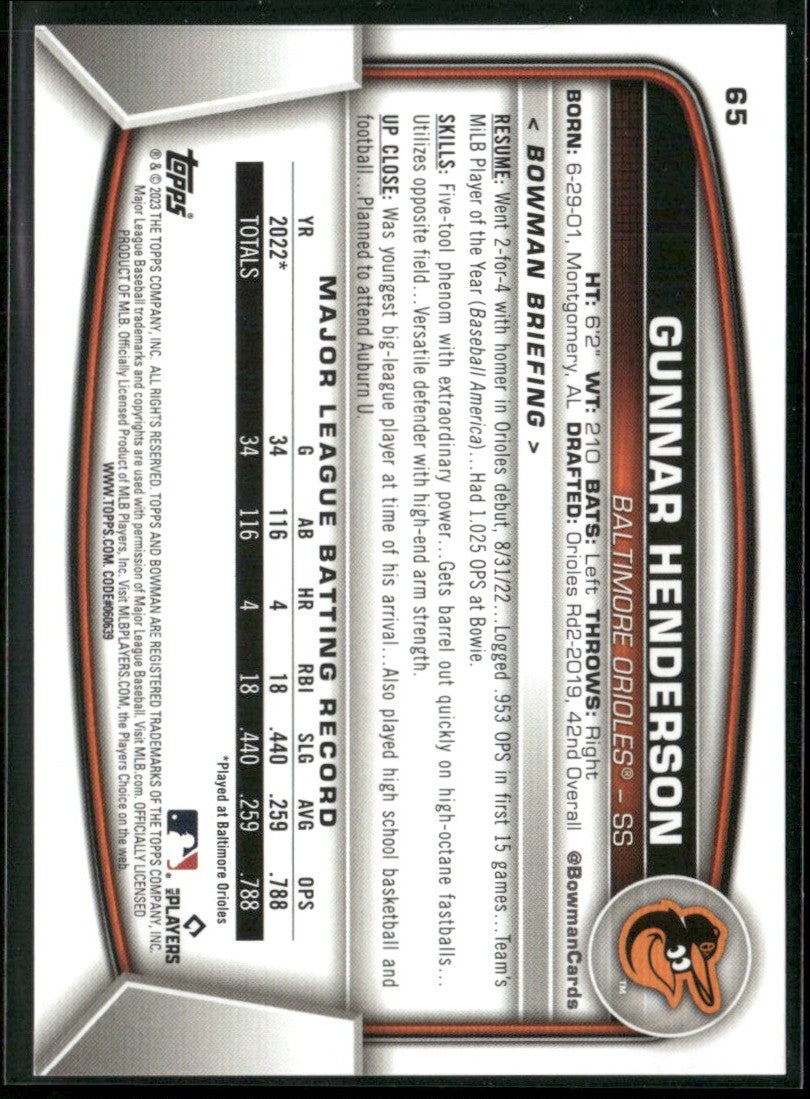 Gunnar Henderson 2023 Bowman RC #65 Baltimore Orioles