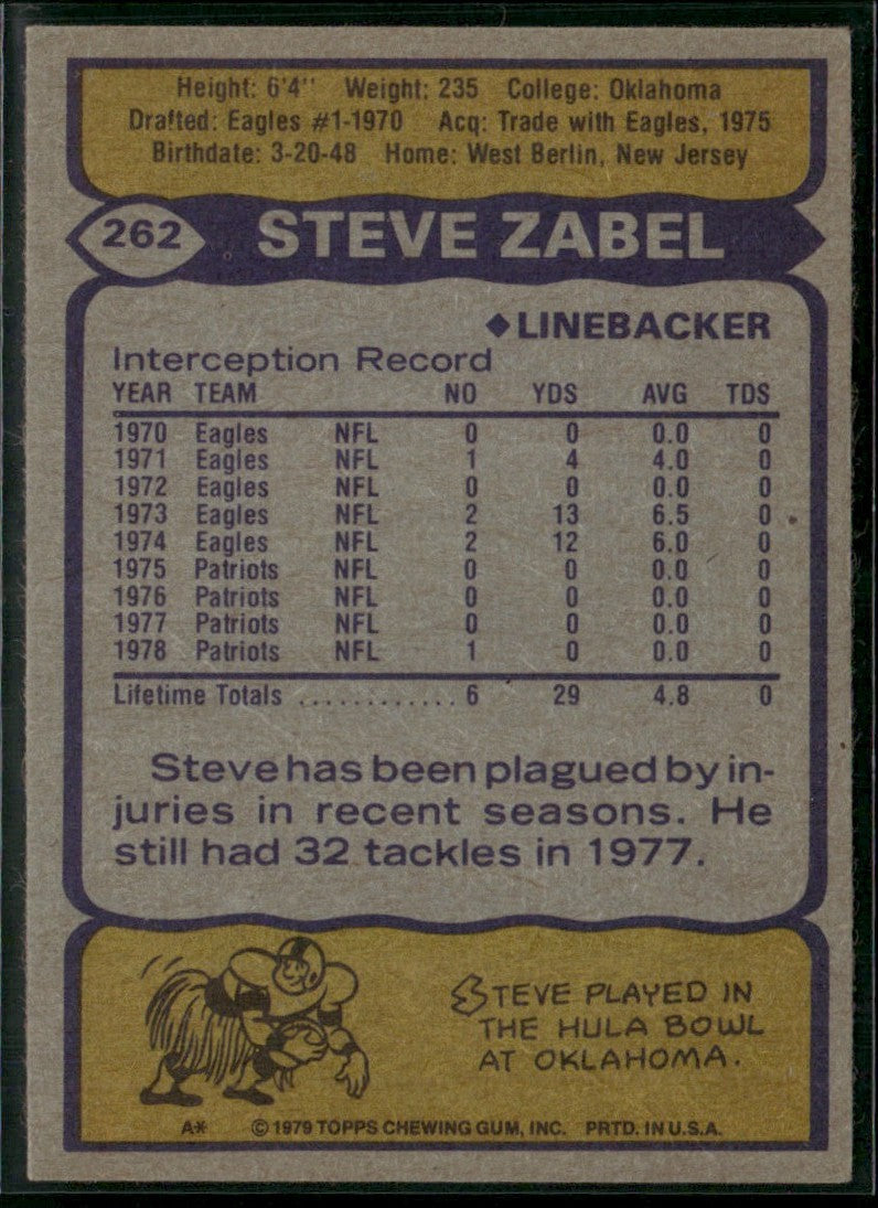 Steve Zabel 1979 Topps #262 New England Patriots
