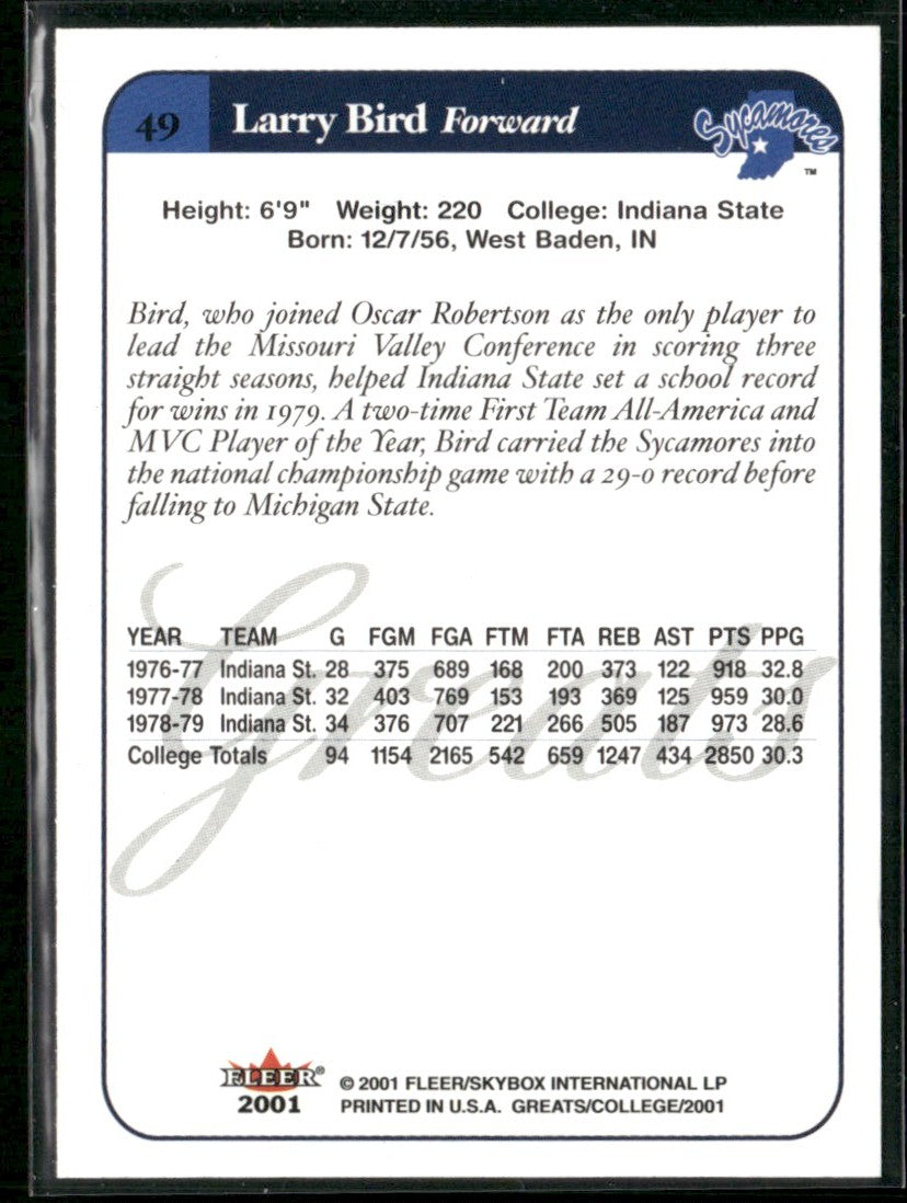 Larry Bird 2001 Fleer Greats of the Game #49 Indiana State Sycamores