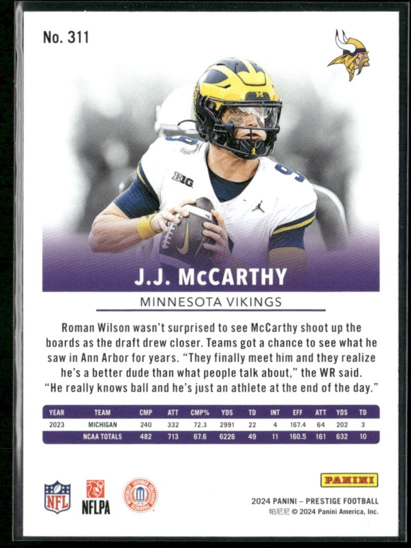 J.J. McCarthy 2024 Panini Prestige RC #311 Minnesota Vikings