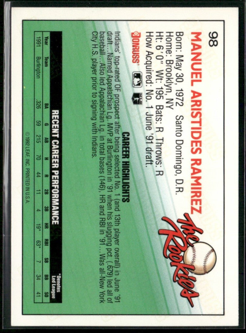 Manny Ramirez 1992 Donruss The Rookies RC #98 Cleveland Indians