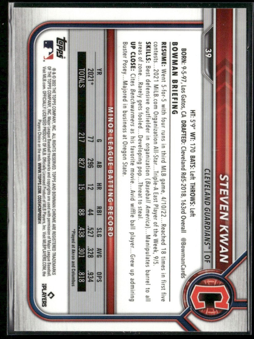 Steven Kwan 2022 Bowman Chrome RC #39 Cleveland Guardians