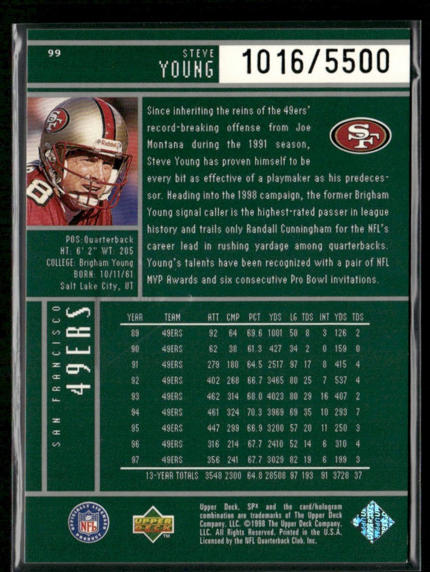 Steve Young 1998 SPx Finite /5500 #99 San Francisco 49ers