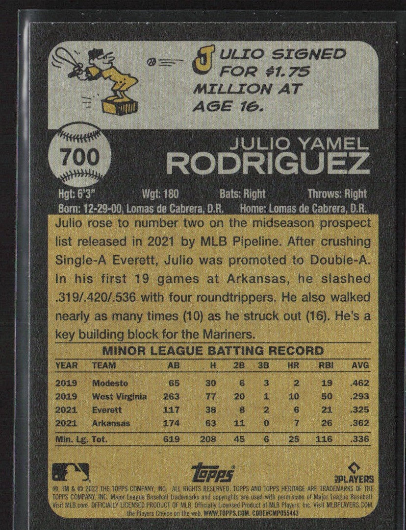 Julio Rodriguez 2022 Topps Heritage RC #700 Seattle Mariners