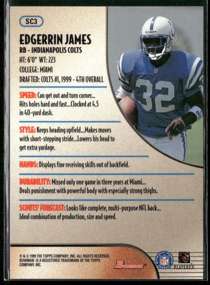 Edgerrin James 1999 Bowman Scout's Choice RC #SC3 Indianapolis Colts