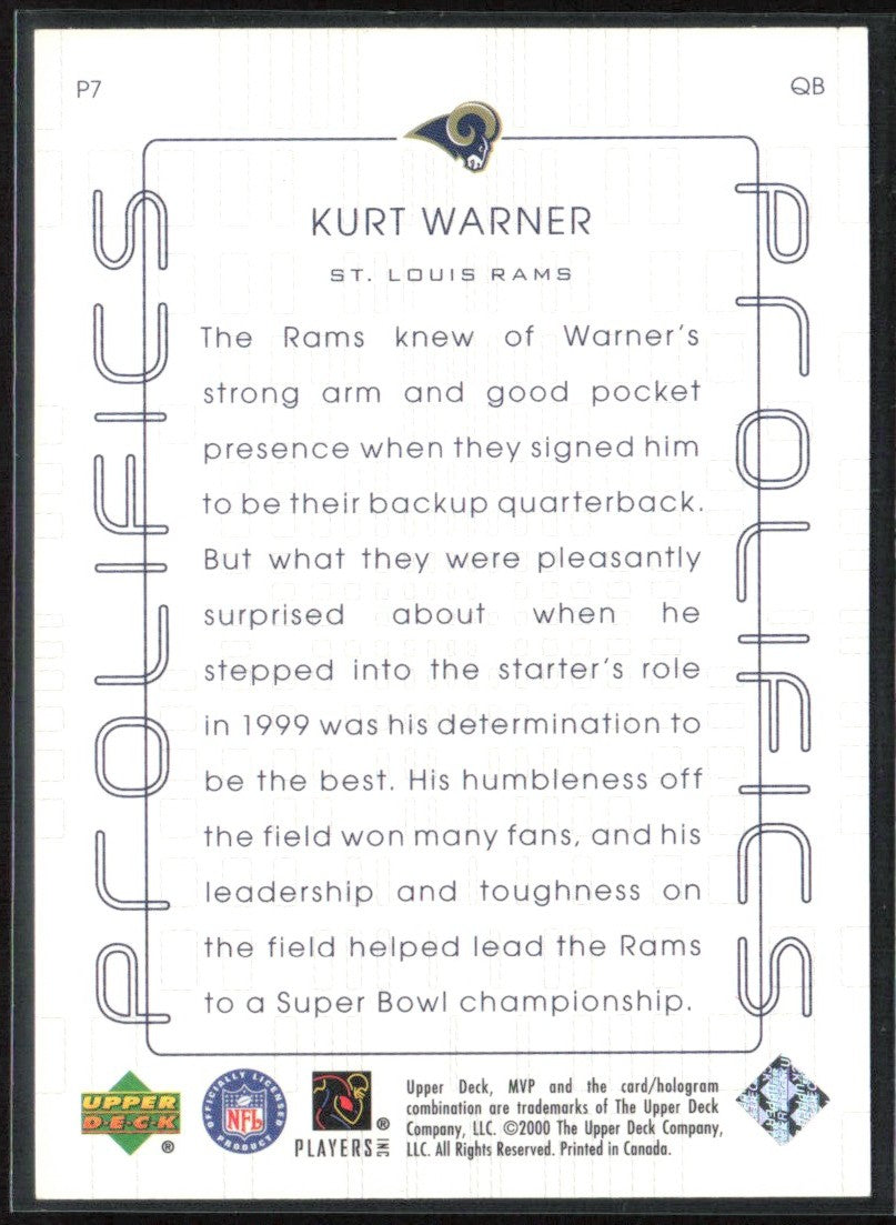 Kurt Warner 2000 Upper Deck MVP Prolifics #P7 St. Louis Rams