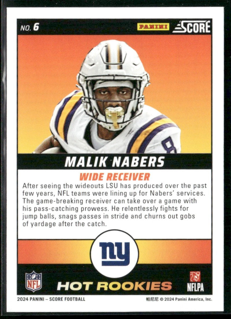 Malik Nabers 2024 Panini Score Hot Rookies RC #6 New York Giants