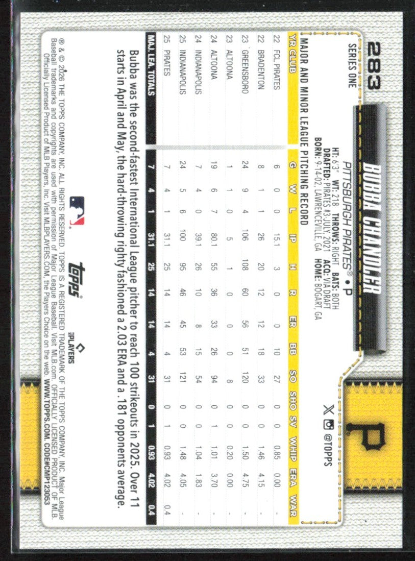 Bubba Chandler 2026 Topps RC #283 Pittsburgh Pirates