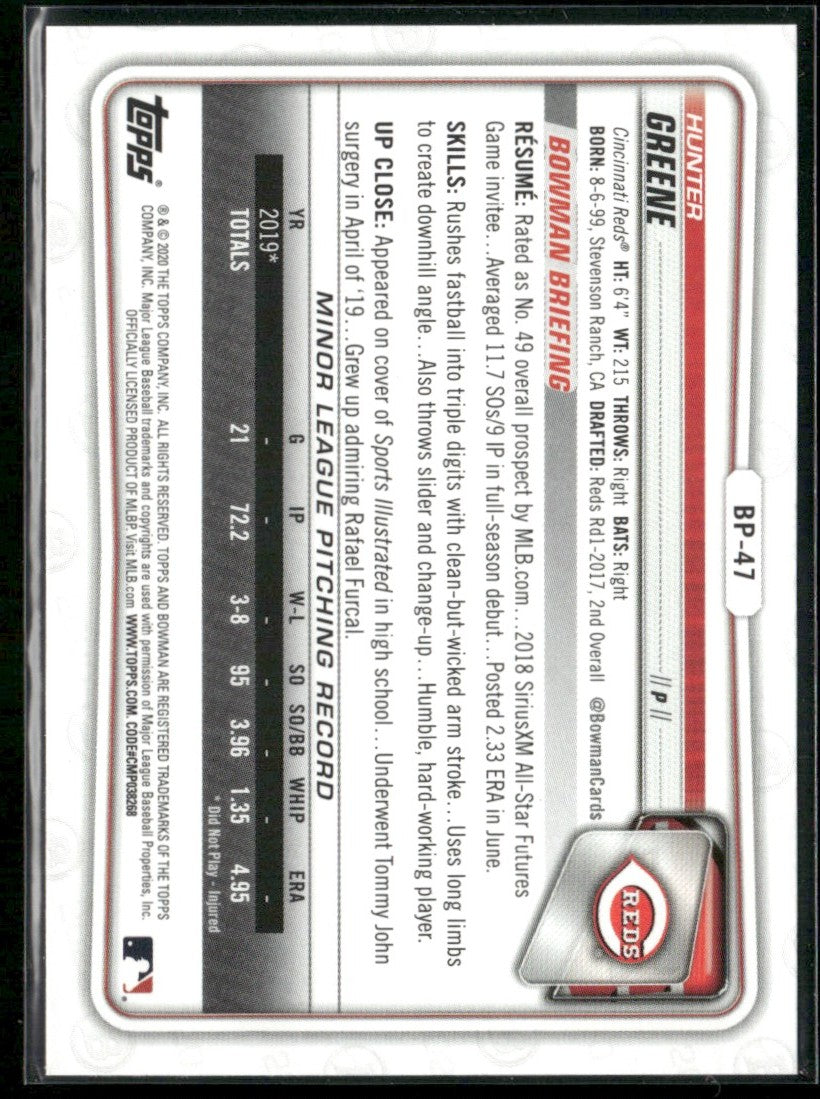 Hunter Greene 2020 Bowman Camo #BP-47 Cincinnati Reds