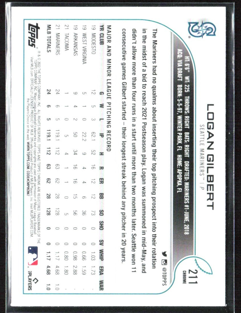 Logan Gilbert 2022 Topps Chrome Sepia Refractor #211 Seattle Mariners