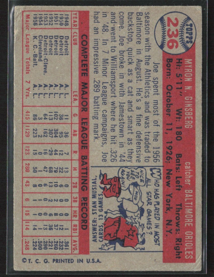 Joe Ginsberg 1957 Topps #236 Baltimore Orioles