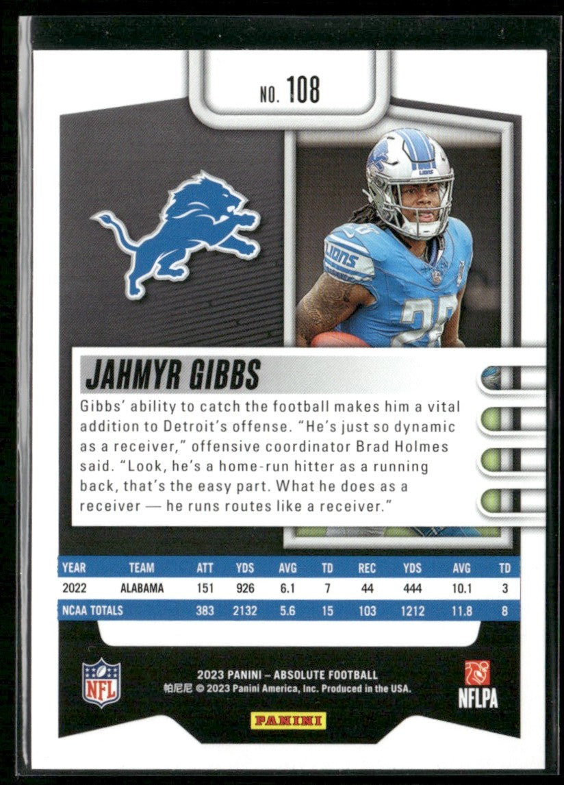 Jahmyr Gibbs 2023 Panini Absolute RC #108 Detroit Lions
