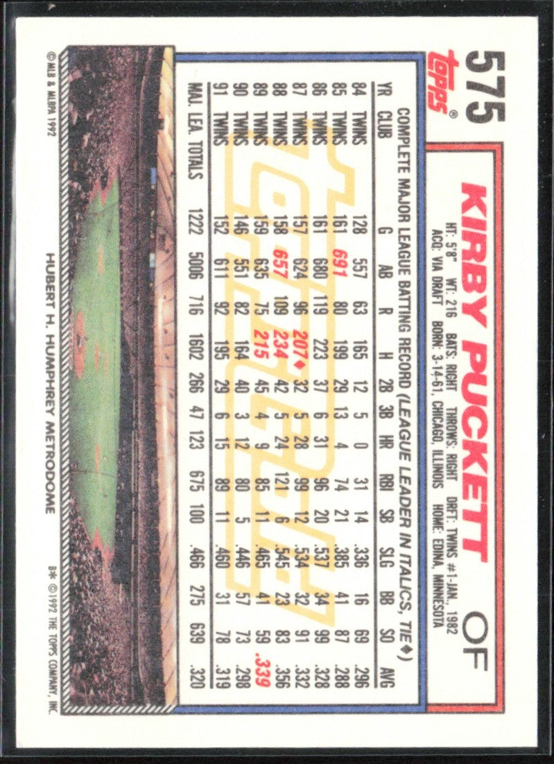Kirby Puckett 1992 Topps #575 Minnesota Twins