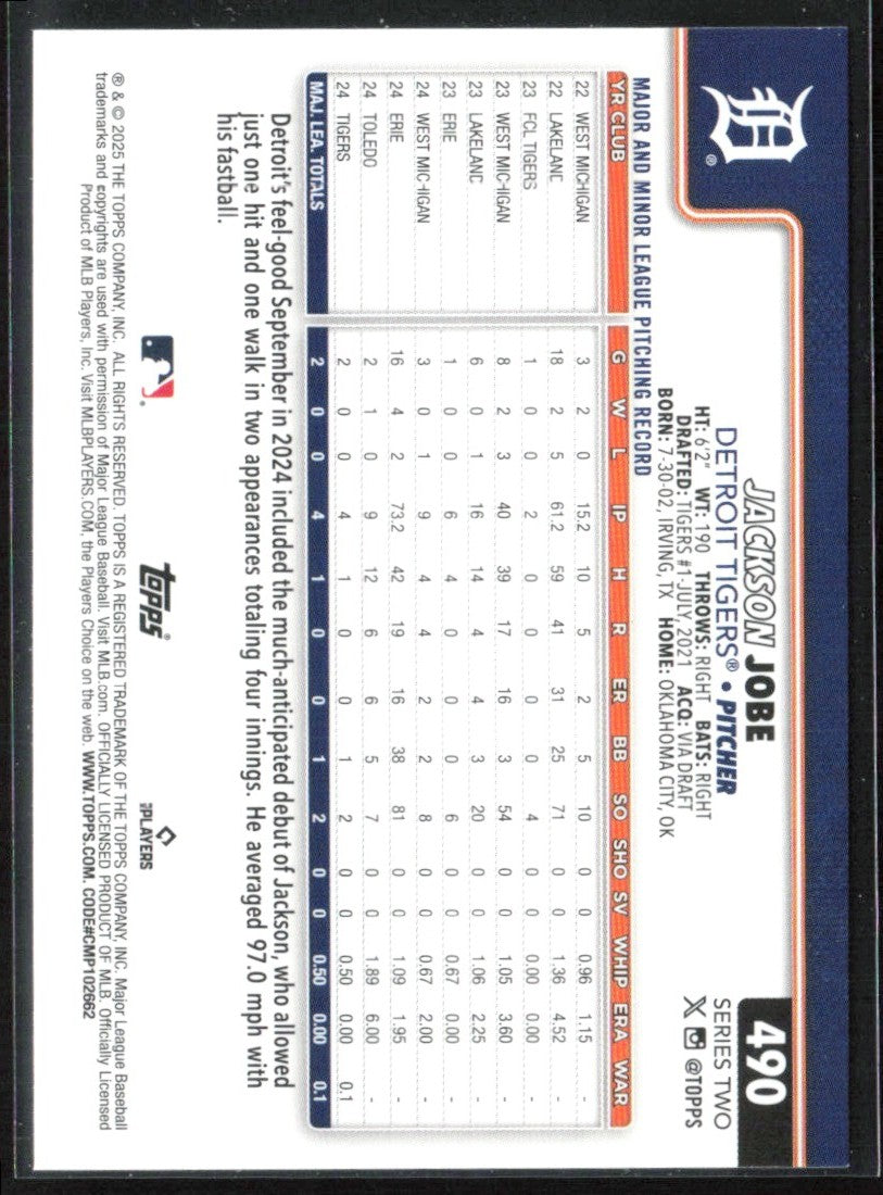 Jackson Jobe 2025 Topps RC #490 Detroit Tigers