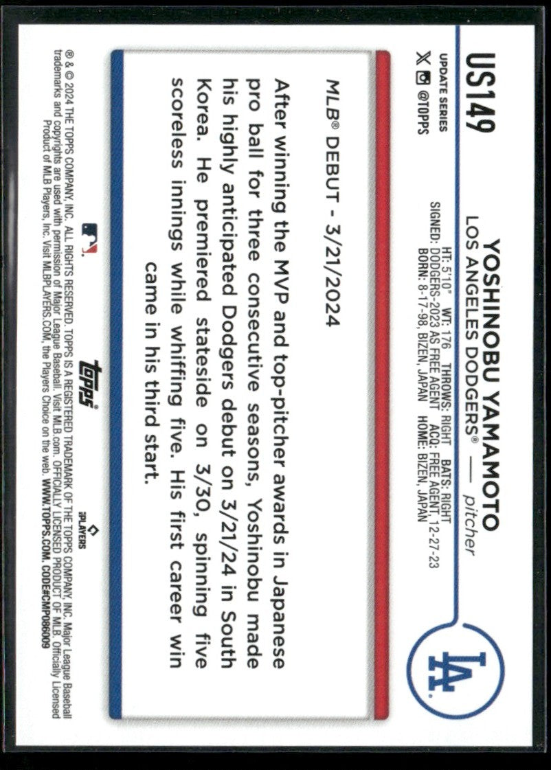 Yoshinobu Yamamoto 2024 Topps Update RC #US149 Los Angeles Dodgers