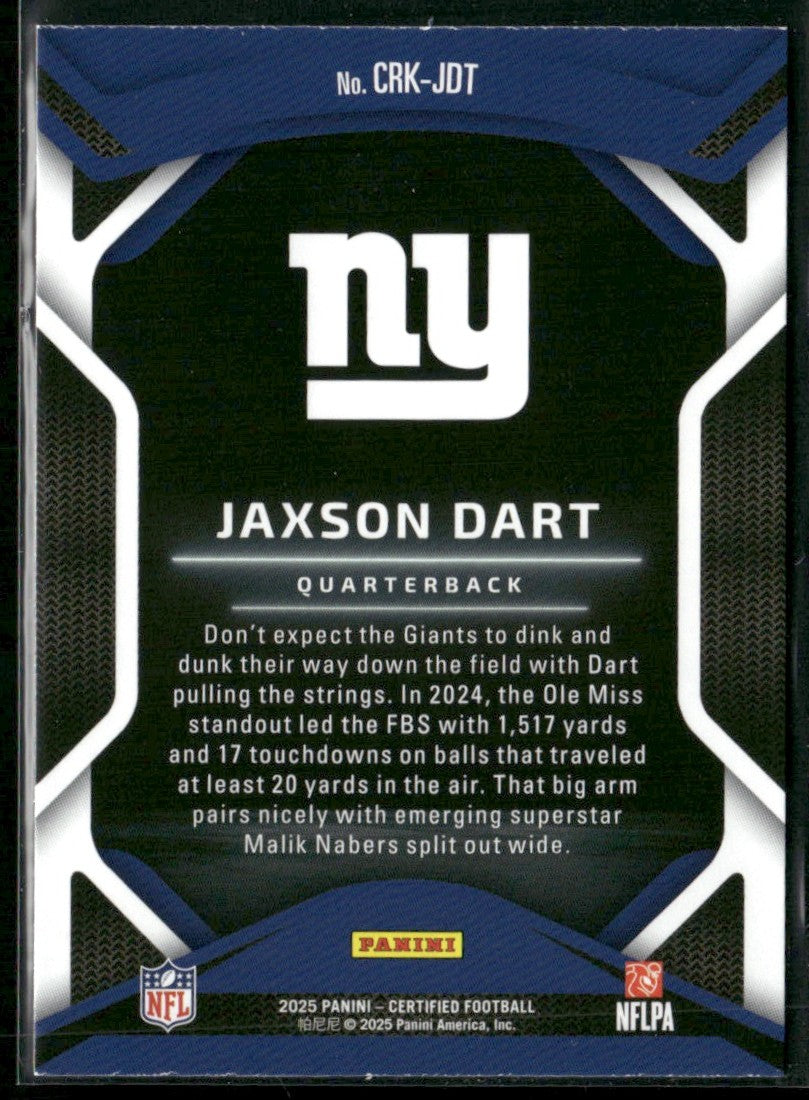 Jaxson Dart 2025 Panini Certified Rookies RC #CRK-JDT New York Giants