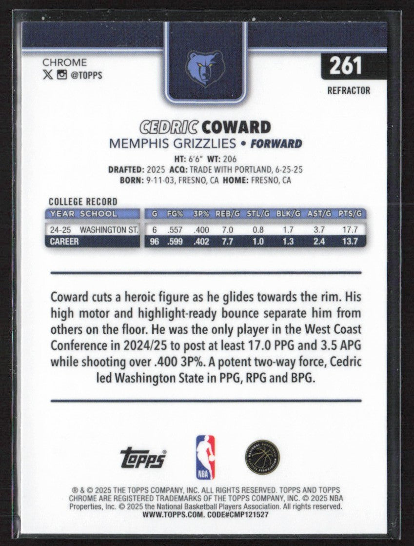 Cedric Coward 2025 Topps Chrome Refractor RC #261 Memphis Grizzlies