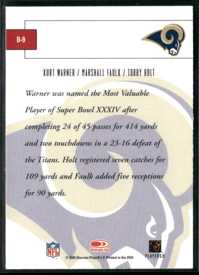 Kurt Warner/Marshall Faulk/Torry Holt 2005 Donruss Throwback Threads Dynasty