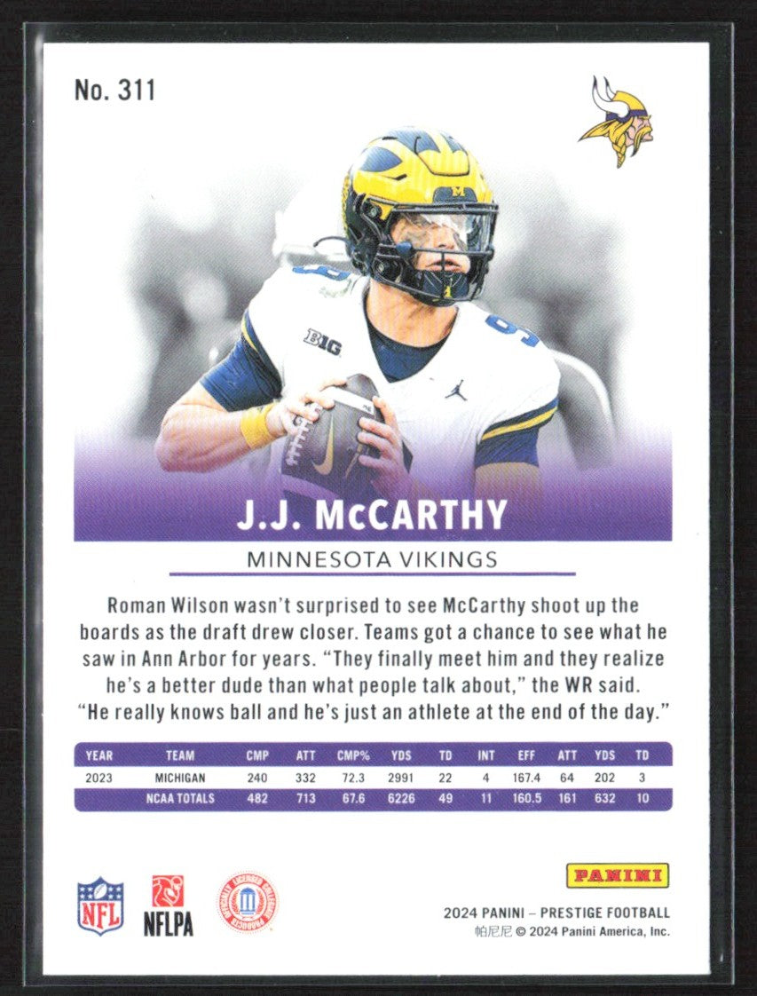 J.J. McCarthy 2024 Panini Prestige Xtra Points Diamond RC #311 Minnesota Vikings