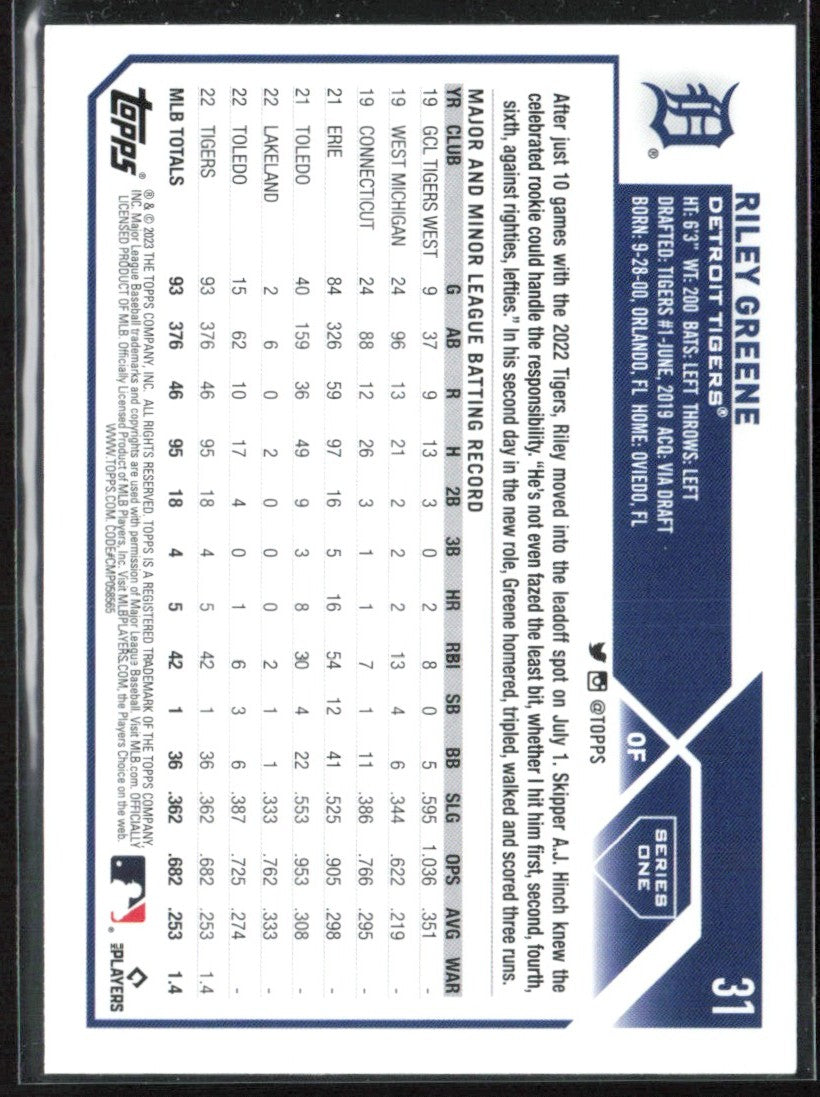 Riley Greene 2023 Topps RC #31 Detroit Tigers