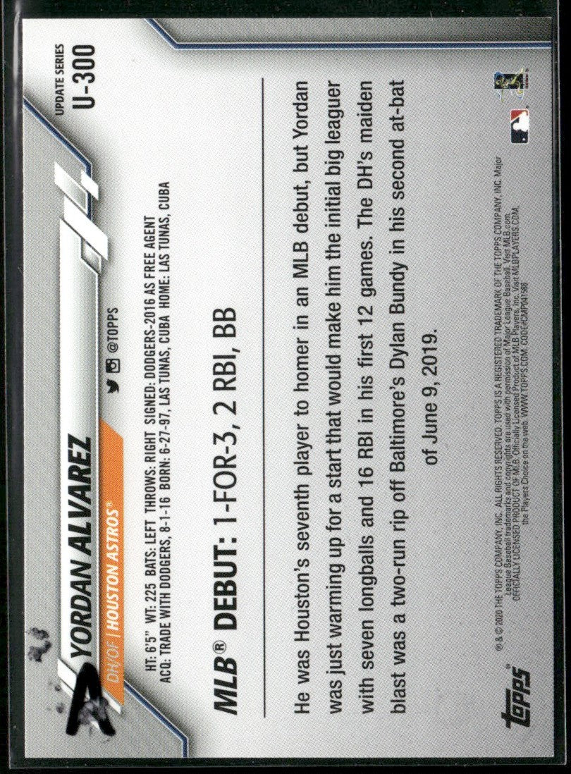 Yordan Alvarez 2020 Topps Update RC #U-300 Houston Astros