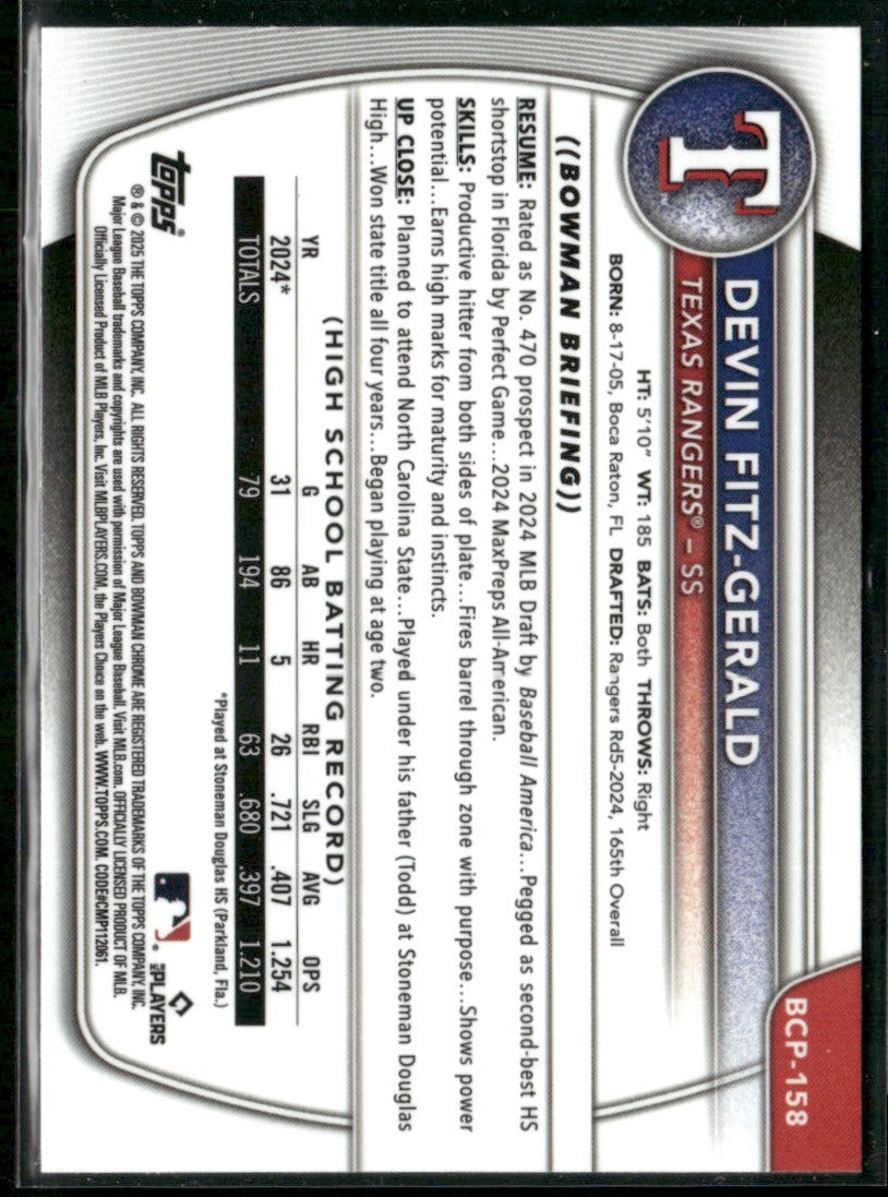 Devin Fitz-Gerald 2025 Bowman Chrome 1st #BCP-158 Texas Rangers