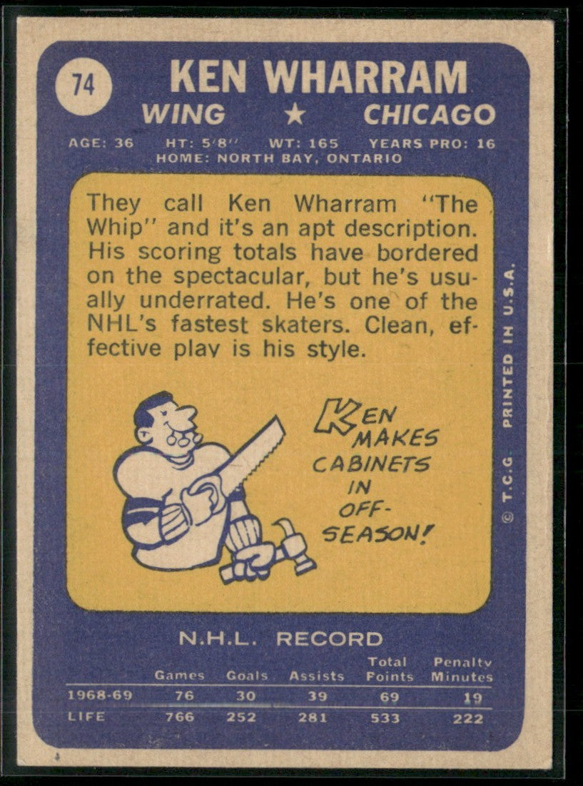 Ken Wharram 1969 Topps #74 Chicago Blackhawks