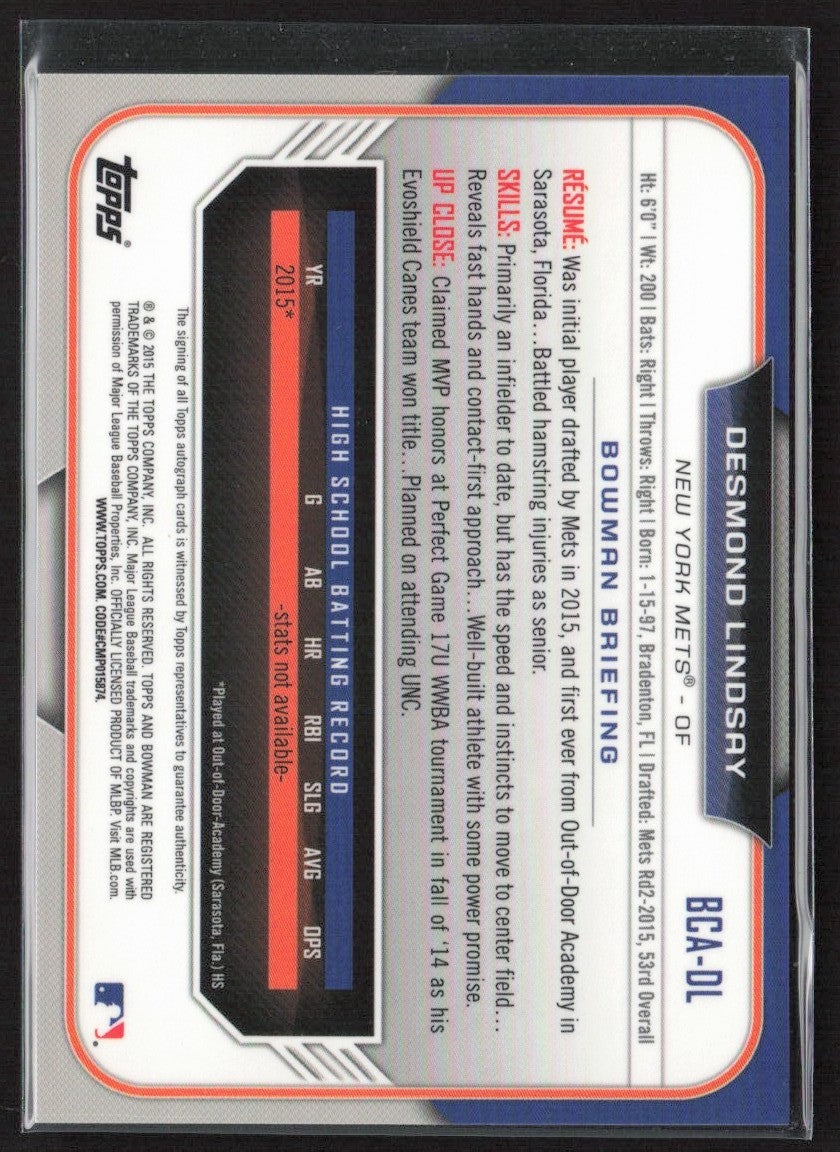 Desmond Lindsay 2015 Bowman Draft Chrome 1st AUTO #BCA-DL New York Mets