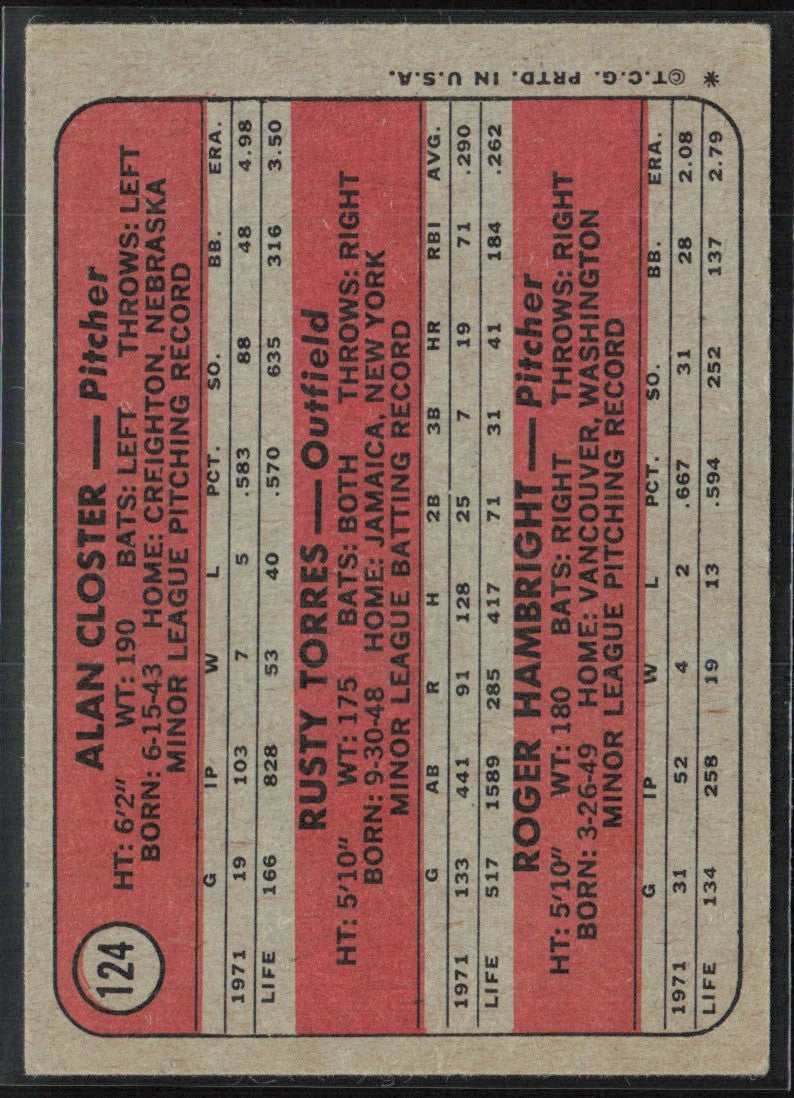 Closter Torres Hambright 1972 Topps RC #124 New York Yankees