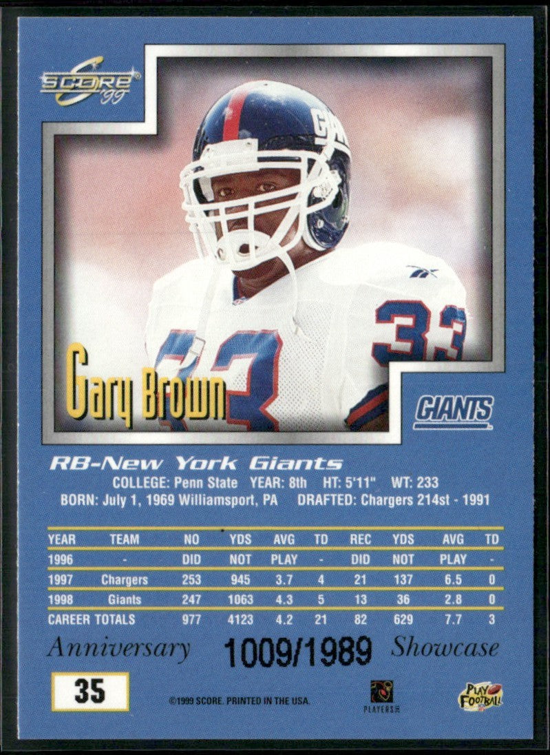 Gary Brown 1999 Score Anniversary Showcase /1989 #35 New York Giants
