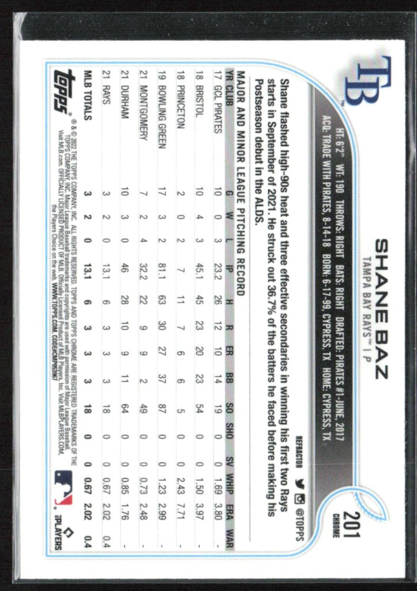 Shane Baz 2022 Topps Chrome RC #201 Tampa Bay Rays