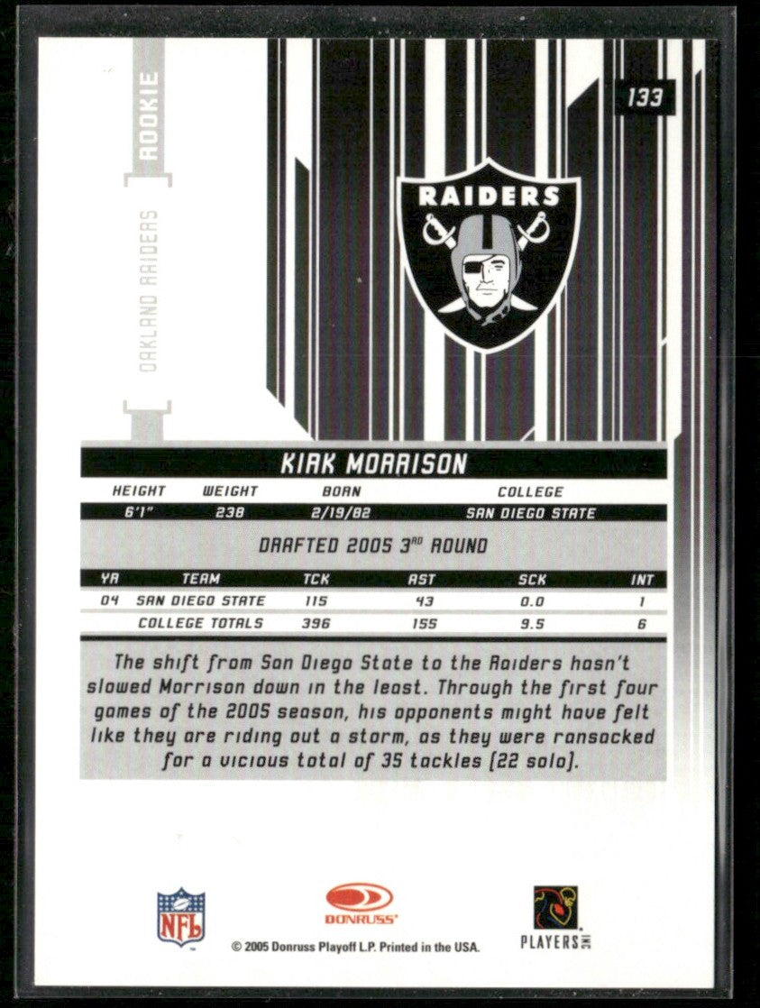 Kirk Morrison 2005 Leaf Rookies & Stars Longevity RC /999 #133 Oakland Raiders