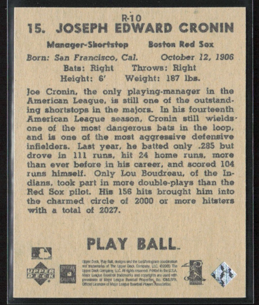 Joe Cronin 2003 Upper Deck Play Ball 1941 Reprints #R-10 Boston Red Sox