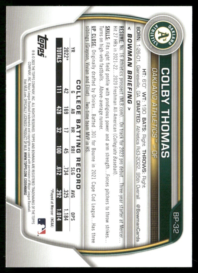 Colby Thomas 2023 Bowman 1st #BP-32 Oakland Athletics