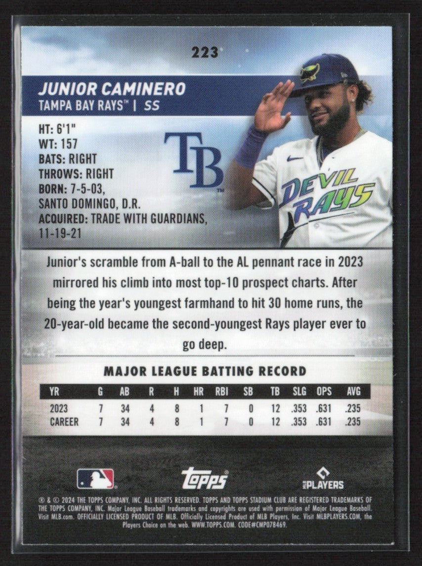 Junior Caminero 2024 Topps Stadium Club Chrome RC #223 Tampa Bay Rays