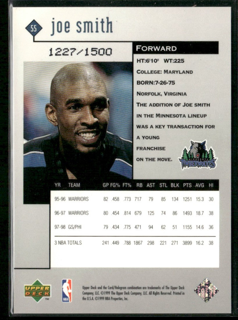 Joe Smith 1998 Upper Deck Black Diamond Triple /1500 #55 Minnesota Timberwolves