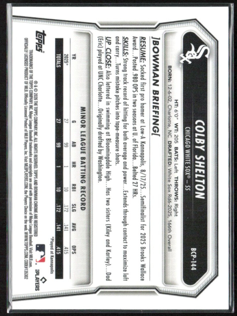 Colby Shelton 2026 Bowman Chrome Reptilian #BCP-144 Chicago White Sox
