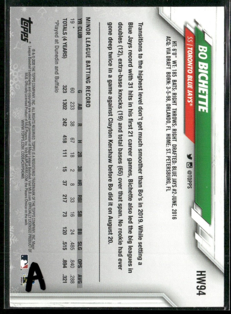 Bo Bichette 2020 Topps Holiday RC #HW94 Toronto Blue Jays