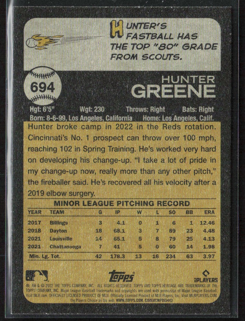 Hunter Greene 2022 Topps Heritage RC #694 Cincinnati Reds