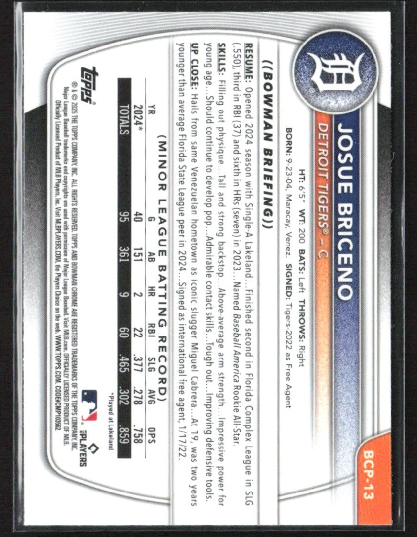 Josue Briceno 2025 Bowman Chrome 1st Mojo Refractor #BCP-13 Detroit Tigers